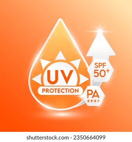 Orange drop serum and SPF 50, PA+++ arrows UV protection ultraviolet your skin. Products design cream skin care. Sunscreen concept. Icon 3D vector illustration.