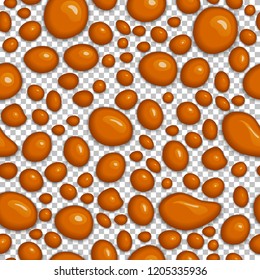 Orange drops of slime isolated on transparent background. Realistic brown caramel bubbles of different shapes. Seamless pattern of gold cream. Kid sensory toy vector illustration. Sweet dessert drops.
