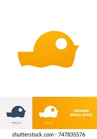 orange duck swimming logo with the description