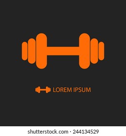 Orange dumbbell as logo with copy space on black. Sport and health idea