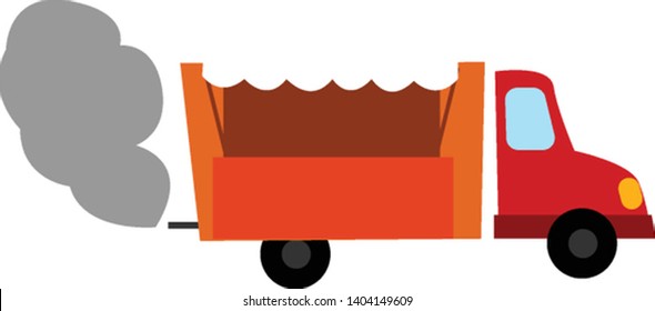 An orange dump truck with blinking yellow lights emitting smoke while traveling set isolated white background viewed from the side, vector, color drawing or illustration.