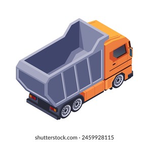 Camión volquete naranja sobre un fondo liso, mostrando transporte y construcción. Ilustración vectorial isométrica aislada sobre fondo blanco