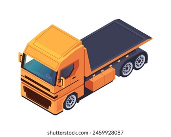 Orange dump truck on a white background, showcasing transportation. Isometric vector illustration isolated on white background