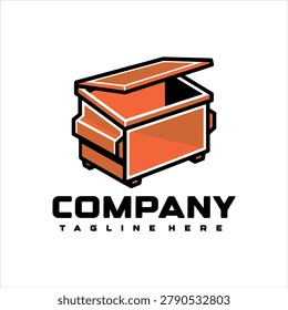 Orange dumpster with open lid and company tagline for business branding and marketing materials in a modern vector graphic design
