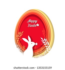 Orange Easter 3d paper cut card with egg, bunny,grass,flowers and plants. Paper cut template of paper egg and rabbit, easter greeting card illustration.Design for party, 
banner, card, print.