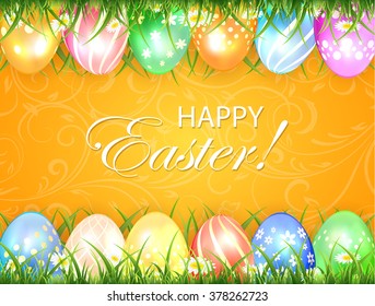 Orange Easter background with floral ornament and colored eggs in a grass, illustration.