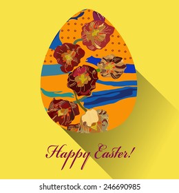 Orange Easter egg with floral ornaments and text on an yellow    background. Hand drawn. 
