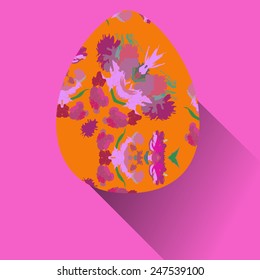 Orange Easter egg with floral ornaments  on a  pink  background. Hand drawn. 