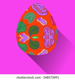 Orange Easter egg with floral ornaments on a pink   background. Hand drawn. 