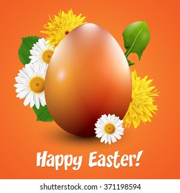 Orange Easter egg with spring flowers. Vector illustration.