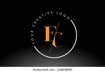 Orange EC Letter Logo Design with Creative Intersected and Cutted Serif Font.