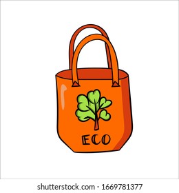 Orange eco bag.Bright vector illustration isolated on white background. Sketch in the style of Doodle. The concept of environmental conservation.