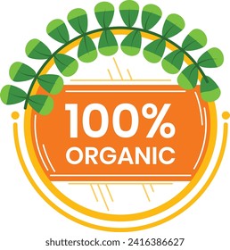 Etiqueta ecológica naranja con 100 caracteres orgánicos, adornada con hojas verdes. Emblema para la ilustración vectorial de productos naturales.