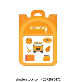 Naranja. Hoja de trabajo de actividades educativas para niños. Diferentes objetos de color naranja. Empaqueta tu mochila. Tema escolar. Plantilla para jugar con pegatinas o velcro