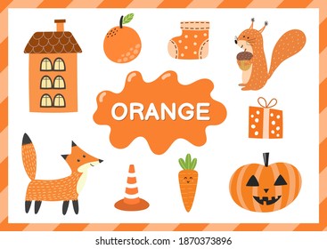 Orange. Educational worksheet for kids. Learning the color orange set. Activity page with main color for toddlers. Vector illustration