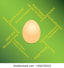 orange egg on green background and happy easter on different languages - vector card with greetings