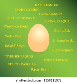 orange egg on green background and happy easter on different languages - vector