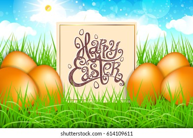 orange eggs in a field of grass with blue sky. happy easter lettering modern calligraphy, vector art