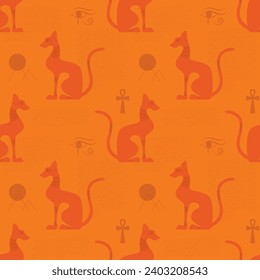 Orange egyptian decorated cat shape silhouette sitting. Seamless pattern. Vector illustration.