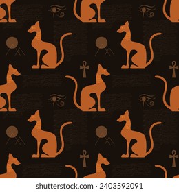 Orange egyptian decorated cat shape silhouette sitting on black background. Seamless pattern. Vector illustration.
