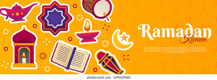 carné de bienvenida naranja eid mubarak, carteles o plantillas de invitaciones con adorno de musulmán plano. ilustración vectorial de ramadan kareem