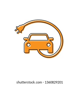 Orange Electric car and electrical cable plug charging icon isolated on white background. Renewable eco technologies. Vector Illustration