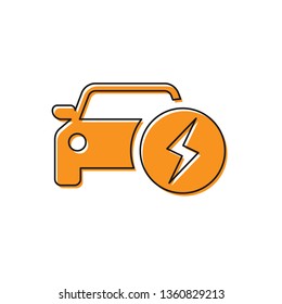 Orange Electric car and electrical cable plug charging icon isolated on white background. Renewable eco technologies. Vector Illustration