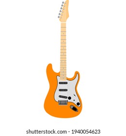 Orange electric guitar on white background.