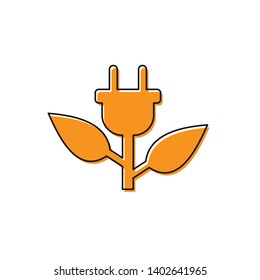 Orange Electric saving plug in leaf icon isolated on white background. Save energy electricity icon. Environmental protection icon. Bio energy. Vector Illustration