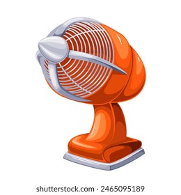 Orange electric table fan, cartoon home and office equipment. Small ventilator on desk to ventilate workspace, indoor ventilation mascot, cartoon blowing and cooling cute fan vector illustration