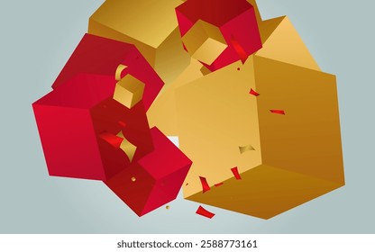 Orange Element Fly Party Vector Grey Background. Golden Box Flying Abstract Design. Gold and Red Cube Volume Illustration. Geometry Shape Art Wallpaper.