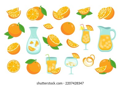 Orange elements set. Whole and slice fresh citrus fruit, jar of lemonade, glass with juice and cocktail isolated on white background. Flat vector illustration