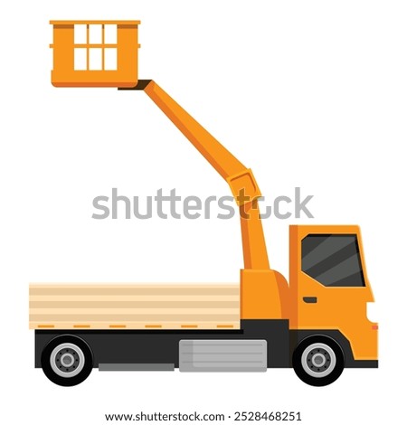 Orange elevated cherry picker truck is lifting its arm upwards with a platform for workers