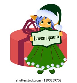 Orange elf girl in green dress and santa cap holding a nameplate with big gift in background