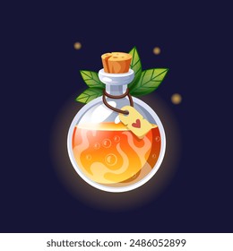 Orange elixir. Magic potion in glass bottle, green leaves. Mystery poisonous liquid in phial. Wizard and witch drink. Game ui icon. Fantasy beverage. Vector isolated on black background illustration