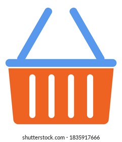 Orange empty grocery basket with blue handles icon isolated on white. Colorful plastic shopping cart. Logistic worldwide,international distribution. E-commerce concept flat vector illustration
