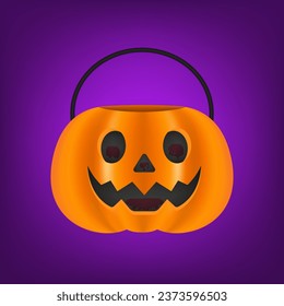 Orange empty pumpkin basket. Trick or treat. Halloween concept. Isolated on purple background. Vector illustration