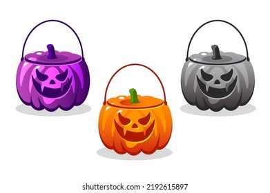 Orange empty pumpkin baskets. Halloween vector objects