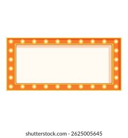 Orange empty rectangular vintage wall sign with light bulbs is shining, inviting you to write your message