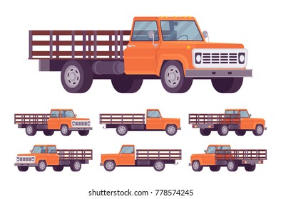 Orange empty truck. Vehicle to transport large amounts of cargo, open car for carrying goods and materials. Vector flat style cartoon illustration isolated on white background, different positions