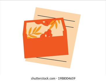 Orange envelope and letter in the background. Isolated on white.