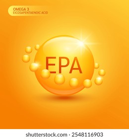 Naranja EPA Ácido eicosapentaenoico. Ácidos grasos omega 3 del aceite de pescado. Para productos de nutrición y salud alimentaria. Conceptos científicos médicos. Ilustración vectorial 3D.