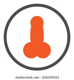 Orange ERECT PENIS (phallus) symbol in circle. Vector icon. 