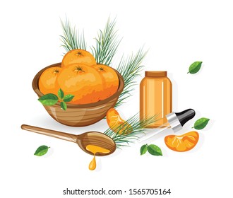 Orange essential oil bottle with dropper. Fruits in wooden basket. Natural aromatherapy idea vector. Leaves on background