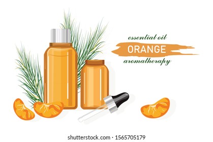 Orange essential oil bottle with dropper. Made from fruit. Natural aromatherapy idea vector. Leaves on background