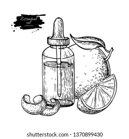 Orange essential oil bottle and fruit hand drawn vector illustration. Drawing for Aromatherapy treatment, alternative medicine, beauty and spa, cosmetic ingredient. Great for label, packaging design.