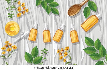 Orange essential oil bottles with dropper. Made from fruit. Natural aromatherapy idea vector. Leaves and flowers on background
