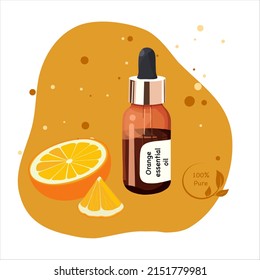 Aceite esencial de naranja en el acelerador de vidrio oscuro. Colección de aceites para aromaterapia y spa. Ilustración plana vectorial de dibujos animados aislada en fondo blanco.