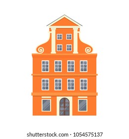 Orange European style classic building facade in flat style isolated on white background. Baroque style hotel building. Amsterdam style house. Vector illustration.