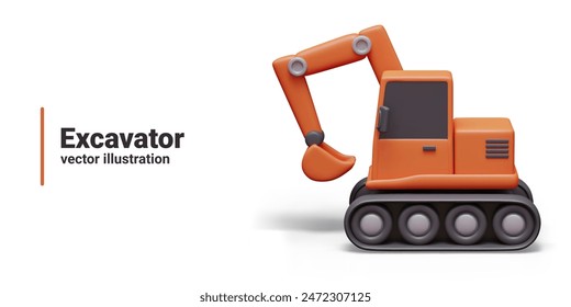 Orange excavator on white background, side view. Heavy construction equipment